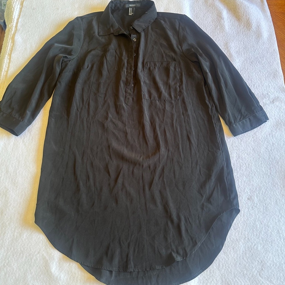 Forever 21 Womens Longline Tunic Blouse Black Size M Pocket Flowy Casual Career